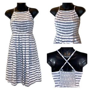 SO Chambray Stripe Criss-Cross Strap Fit & Flare Dress XS